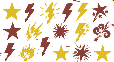 a striking collection of yellow and brown lightning bolts, stars, comic bursts, and fire elements on a textured white background. © Mend