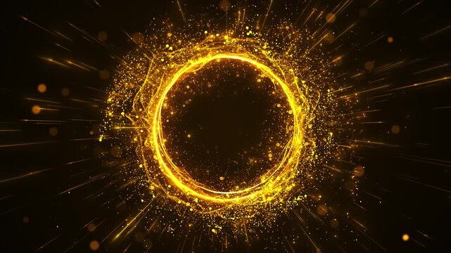 Golden portal ring radiant circular frame, explosive particle sparks, warm light trails, center space. luxury reveals, magic intros, award titles, celebration clips, cinematic overlays premium edits.