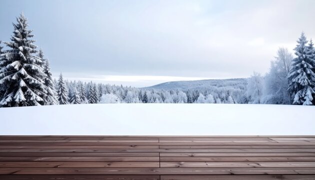 Wooden deck overlooking snowy winter forest landscape.