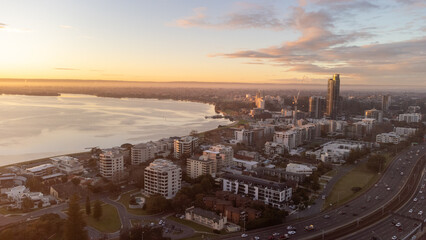 Drone photo of Perth city Western Australia, south Perth at sunrise and traffick © Diana