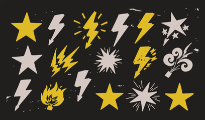 A striking collection of yellow and white lightning bolts, stars, comic bursts, and fire elements on a dark textured background. © Mend