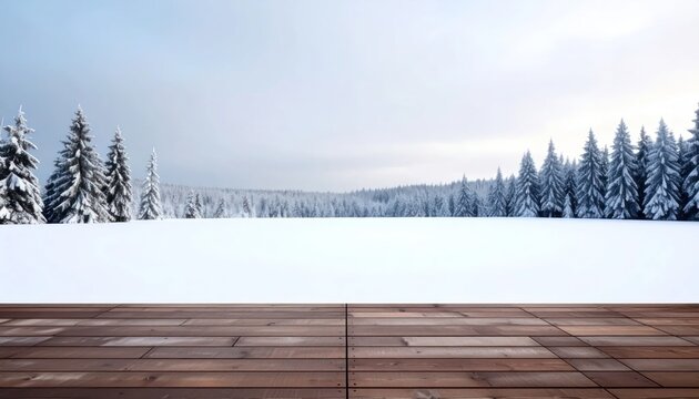 Wooden terrace overlooking snowy winter forest landscape.