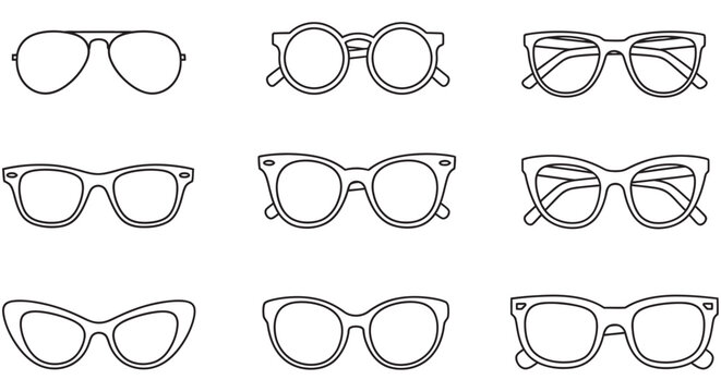 Line art eyeglasses collection on a white background various frame styles