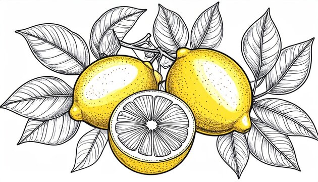 Yellow lemons with green leaves hand drawn illustration.