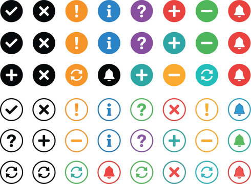 Set of colorful circular web icons with check marks plus signs minus signs question marks information symbols and notification bells for user interface design