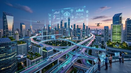 Fototapeta premium Futuristic smart city skyline at dusk featuring holographic data displays, autonomous transport, and sustainable green architecture