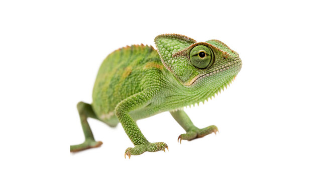 Small green exotic chameleon lizard reptile animal standing profile isolated on transparent background
