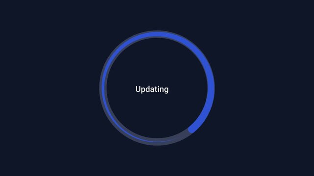 Minimal animated circular progress ring displaying updating status on a dark background. Modern motion graphic for software updates, data processing, synchronization, and technology interfaces.