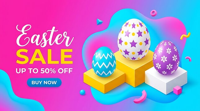 Easter Sale Banner with Colorful 3D Decorative Eggs on Podium, Spring Holiday Discount Promotion Template.