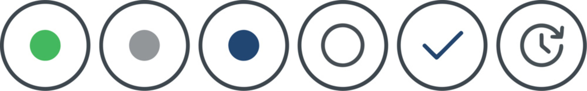 Set of round user interface icons featuring various status symbols including colored dots checkmark and a refresh clock timer for web design and mobile application navigation