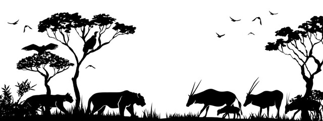 Obraz premium Lion family hunting to the antelopes herd with acacia trees. African wildlife animals silhouettes. Savannah landscape. Panoramic vector illustration.
