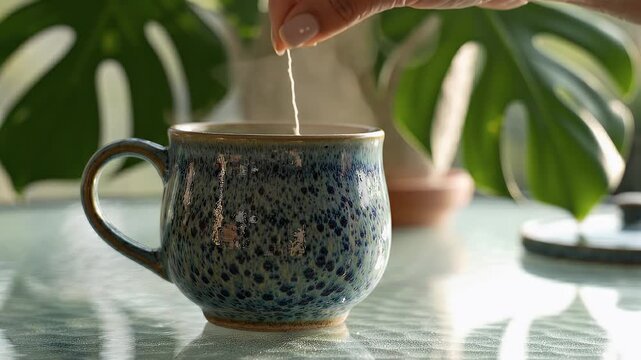 Woman Holding Tea Bag String Over Blue Speckled Ceramic Mug with Monstera Plant Background