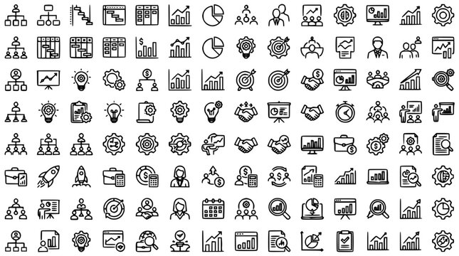 Mega corporate business management line icon set featuring workflow analytics financial charts teamwork organization hierarchy strategy development and data analysis linear vector illustration