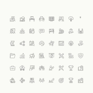 Minimalist business line icons set, 47 professional corporate vector symbols, clean thin stroke office and teamwork icons for web design
