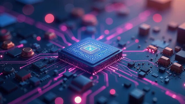 Futuristic Microchip with Glowing Connections and Circuit Patterns