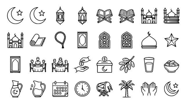Islamic Ramadan Kareem line icon set featuring crescent moon mosque lantern quran prayer rug and traditional eid mubarak celebration symbols lineart vector illustration