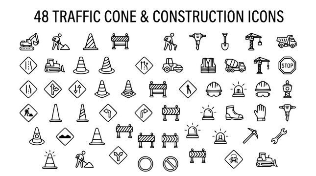 Large traffic cone and road construction line icon set featuring heavy machinery safety warning signs workers and tools outline vector illustration
