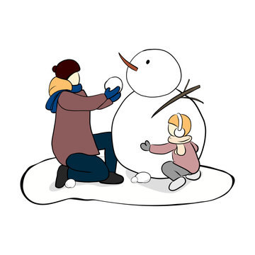 Christmas Winter Vector Illustration Of Family Building Snowman, Parent And Children Playing With Snow In Outdoor Holiday Scene, Seasonal Cartoon Isolated On White Background For New Year Design