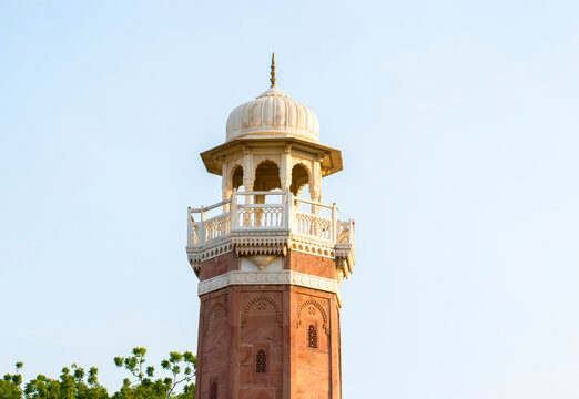 top dome view of Iconic red and white stone Ghanta Ghar (Clock Tower) of Bikaner, Rajasthan, India. 
