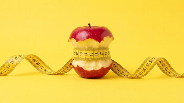 Bite taken from red apple wrapped with yellow measuring tape on bright background with healthy eating tape measure weight loss bitten red with measurement