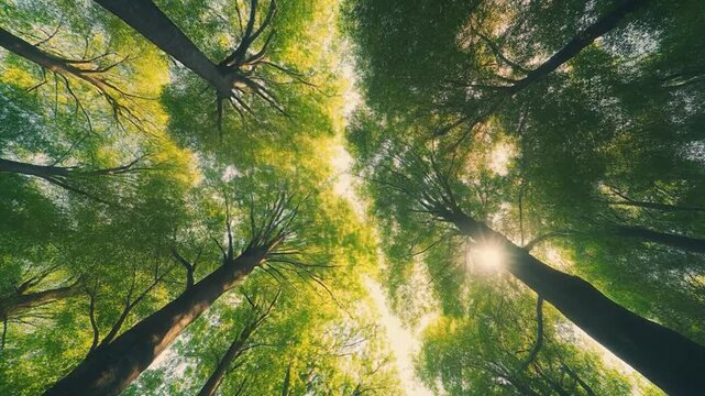 Looking up through lush green forest canopy towards the sun.