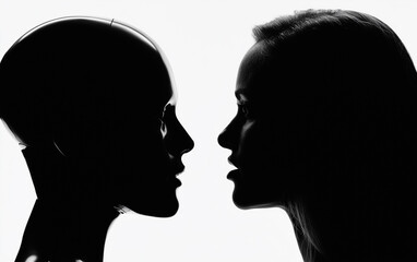 Fototapeta premium Silhouette of a human face facing a robotic head in profile against a dark background representing artificial intelligence interaction