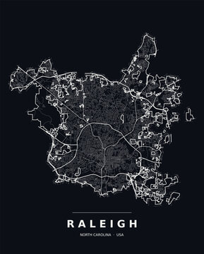 Raleigh NC street map with the road network, highways and municipal boundary. Editable white line vector on a black background for dark mode slides and web design.
