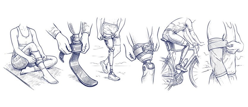 Prosthetic leg amputee athlete sketch set adjusting compression sleeves and bionic limbs for sports, running, cycling, fitness, and physical rehabilitation, hand-drawn black line art illustrations.