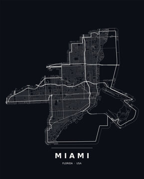 Miami FL street map with the road network, highways and municipal boundary. Editable white line vector on a black background for dark mode slides and web design.