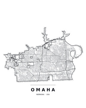 Omaha NE street map with the road network, highways and municipal boundary. Editable black line vector on a white background for poster print and travel guides.