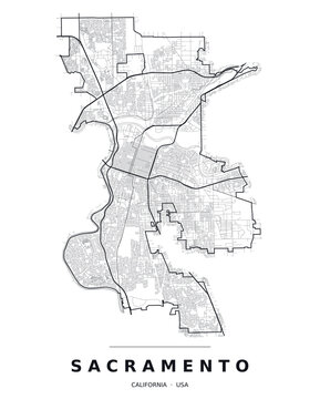 Sacramento CA street map with the road network, highways and municipal boundary. Editable black line vector on a white background for poster print and travel guides.
