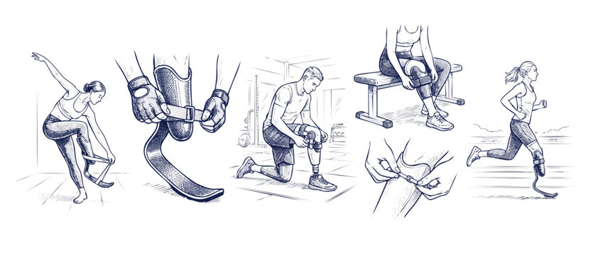 Amputee sports prosthetic leg illustration set of diverse adaptive athletes training and adjusting running blades in a sketch style, showcasing determination, resilience, and fitness inclusivity.
