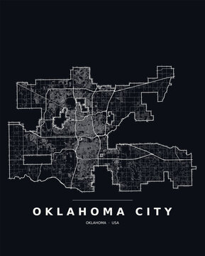 Oklahoma City OK street map with the road network, highways and municipal boundary. Editable white line vector on a black background for dark mode slides and web design.