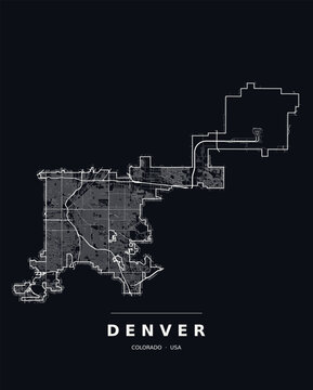 Denver CO street map with the road network, highways and municipal boundary. Editable white line vector on a black background for dark mode slides and web design.