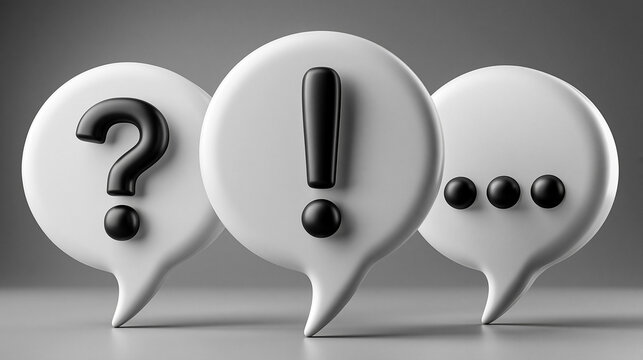 Speech Bubbles of Inquiry and Expression: Three speech bubbles, each featuring a distinct punctuation mark &ndash; a question mark, an exclamation point, and ellipses &ndash; convey the essence of communication.