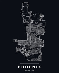 Obraz premium Phoenix AZ street map with the road network, highways and municipal boundary. Editable white line vector on a black background for dark mode slides and web design.