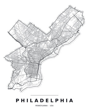 Philadelphia PA street map with the road network, highways and municipal boundary. Editable black line vector on a white background for poster print and travel guides.