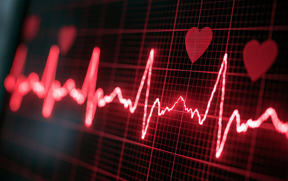 Close-up of a vibrant red electrocardiogram displaying a healthy heartbeat and heart symbol on a monitor