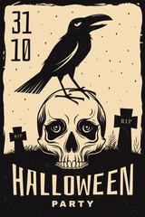 Obraz premium Vintage Halloween Poster Vector, Raven Skull Halloween Poster, Retro Gothic Wall Art Vector Illustration