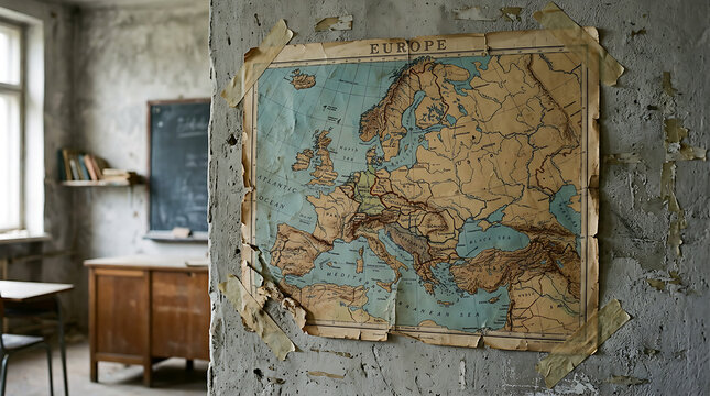 Vintage world map hanging on weathered classroom wall.