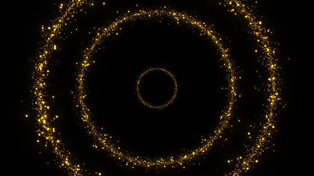 Golden particle rings animation glowing circular trails, space, sparkling dots, black luxury depth. awards, wedding , logo reveals, festive intros, celebration titles, premium overlays, elegant motion