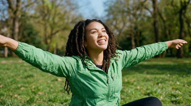 Young woman with natural locs wearing bright green jacket stretching arms in sunny park