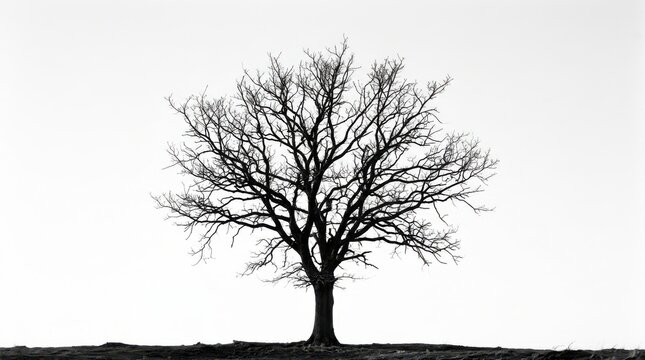A black silhouette of a large bare winter tree standing alone with no leaves isolated on a plain white background