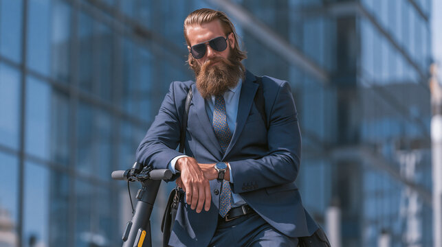 Modern Business Commute: A stylish businessman with a full beard and sunglasses, dressed in a sharp navy suit, leans casually on an electric scooter in front of a contemporary glass building.