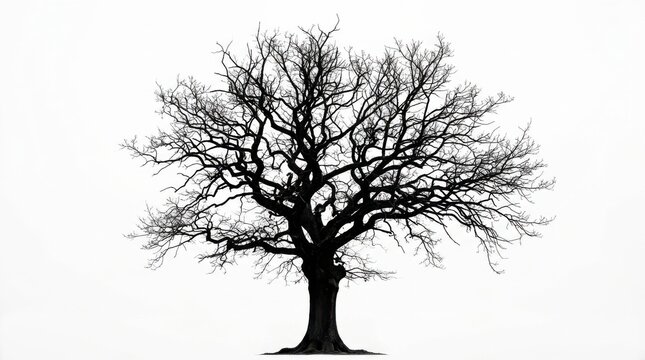 Black silhouette of a large oak tree without leaves standing alone with many bare branches spreading out wide