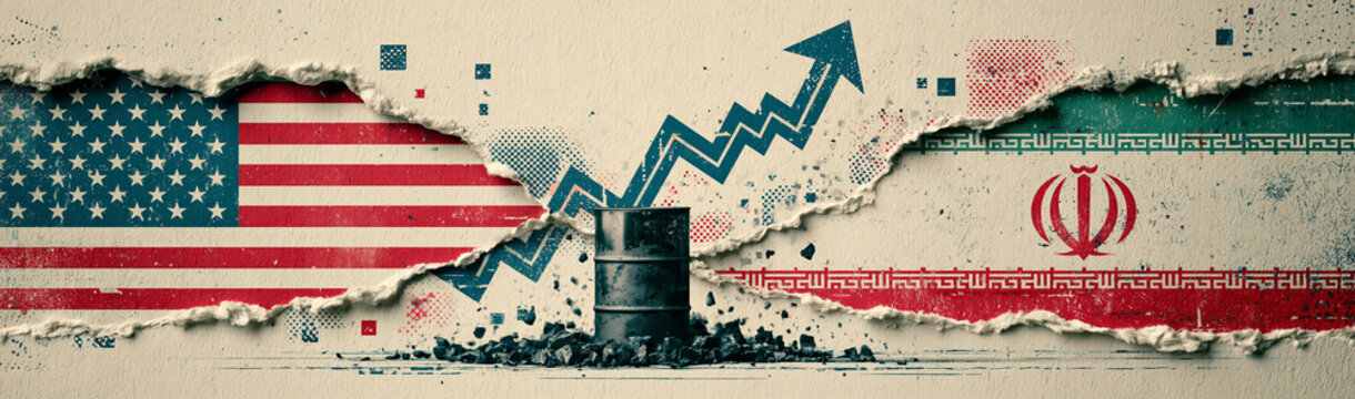 US and Iran Flag Oil Price War: An illustrative depiction of an oil barrel with an upward trend arrow, symbolizing rising oil prices, is situated between the American and Iranian flags.