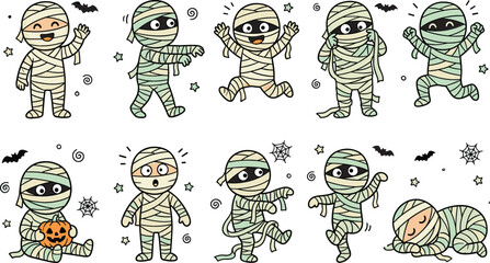 Cute Halloween Mummy Character Icon Set Featuring Funny Cartoon Monster Poses for Autumn Holiday Greetings Stickers and Digital Vector Designs © Farid