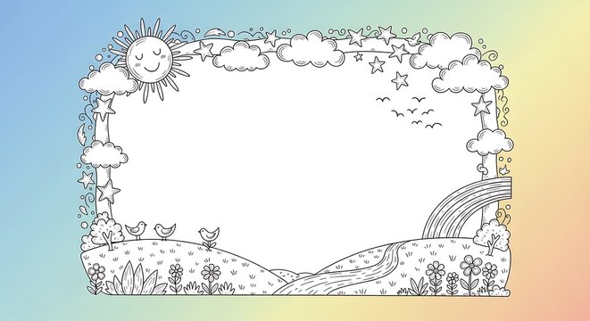 Whimsical line art frame featuring sun, clouds, stars, birds, rainbow, and rolling hills on pastel backdrop
