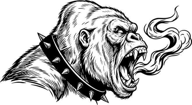 Angry Roaring Gorilla Head with Spiked Collar Illustration