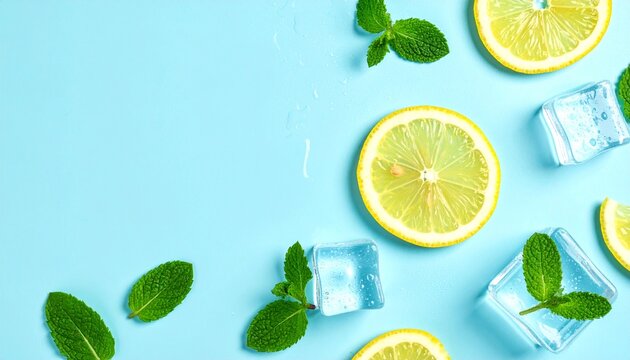 Fresh lemon slices, vibrant mint leaves, and clear ice cubes scattered on a light blue background, perfect for a refreshing drink.